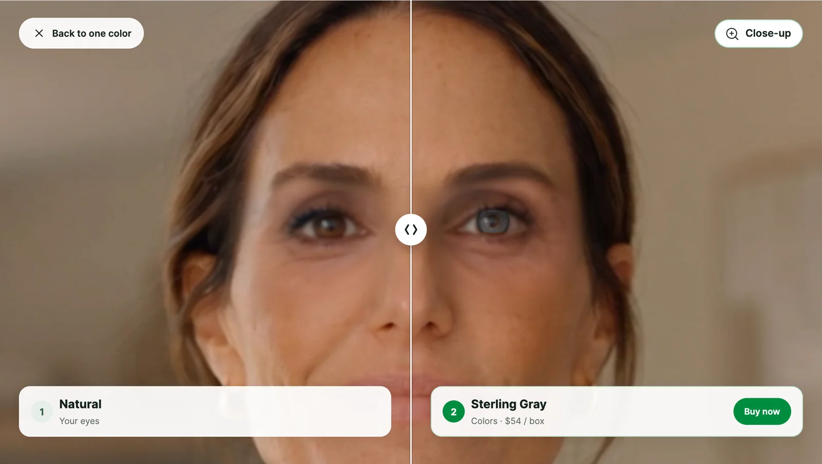 EyeSize VTO for Contacts in close-up, before and after: the shopper’s natural brown eyes on the left and Sterling Gray lenses on the right, each with its own card and a Buy now button.